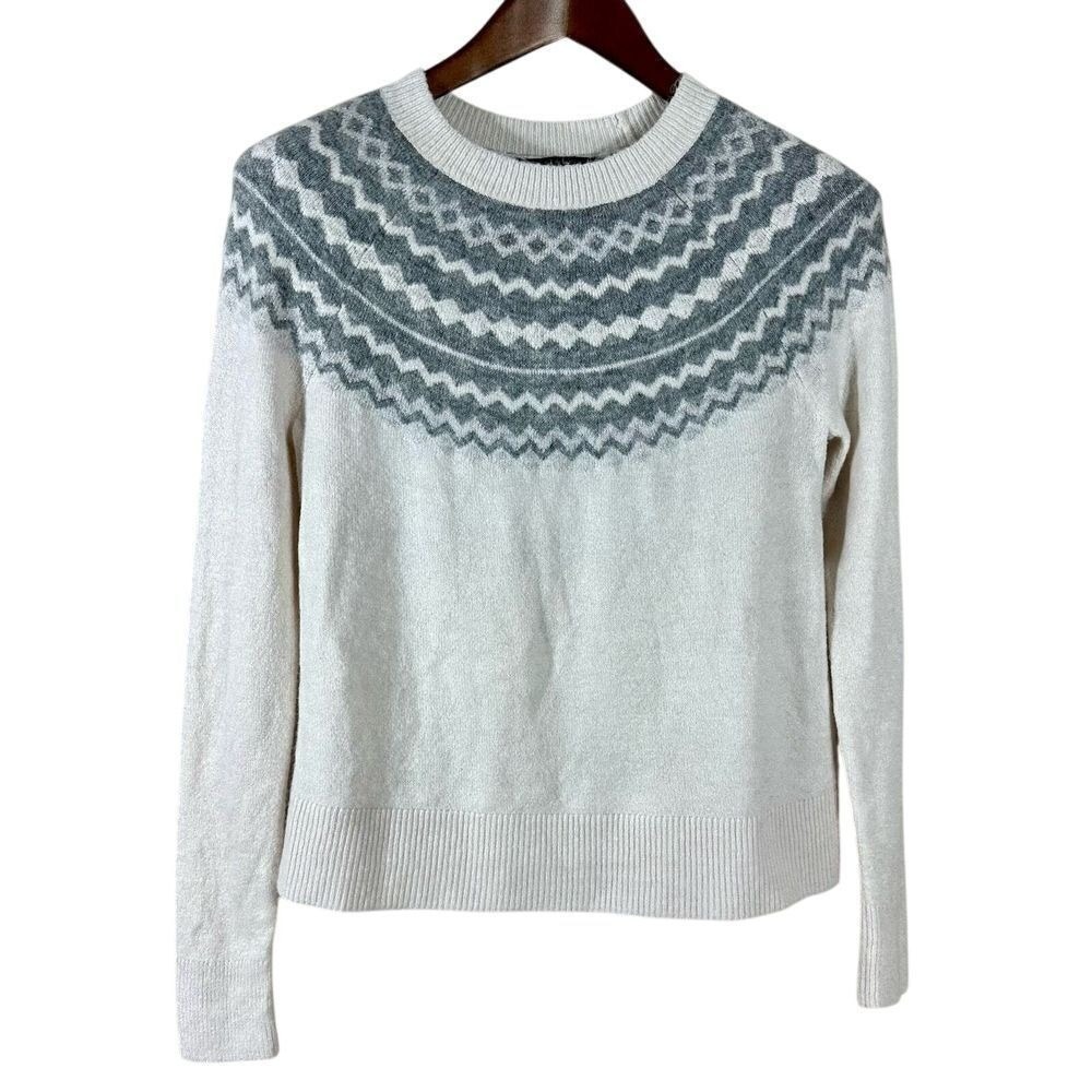 Banana Republic Womens XS Fair Isle Crewneck Sweater Cream Grey Geometric Knit